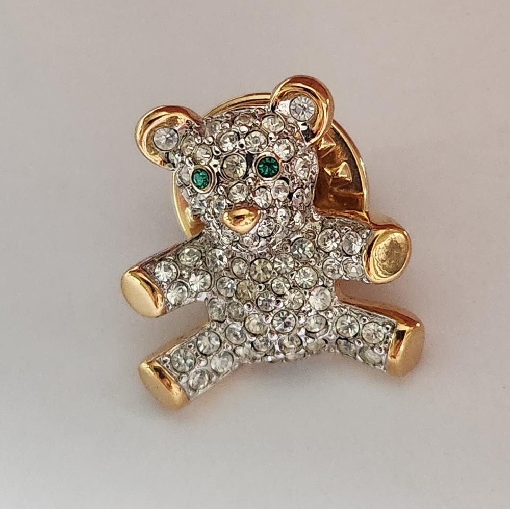 Swarovski Crystal Teddy Bear with Green Eyes, Pin